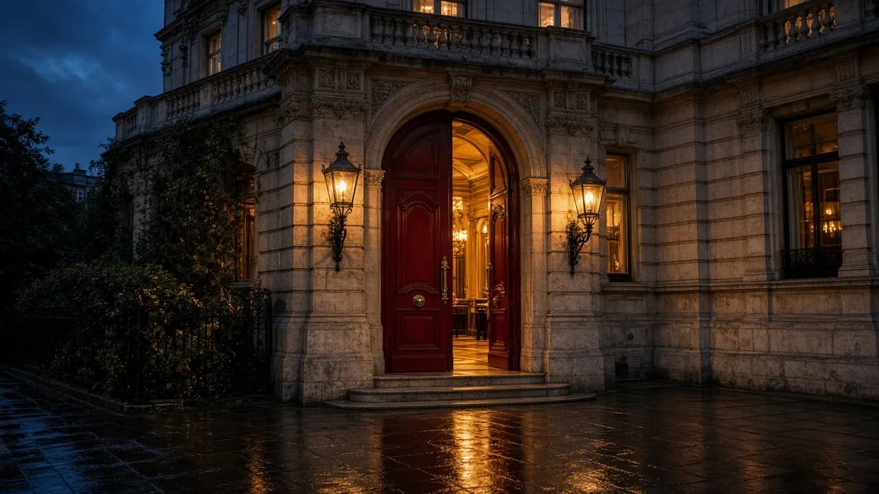 Dramatic night entrance of Halden Kensington Manor