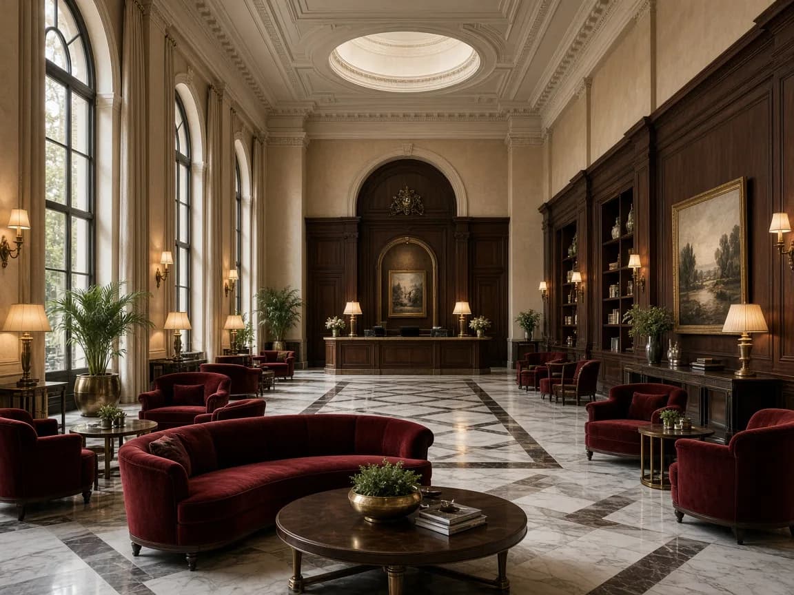 Grand lobby with walnut panelling and oxblood seating