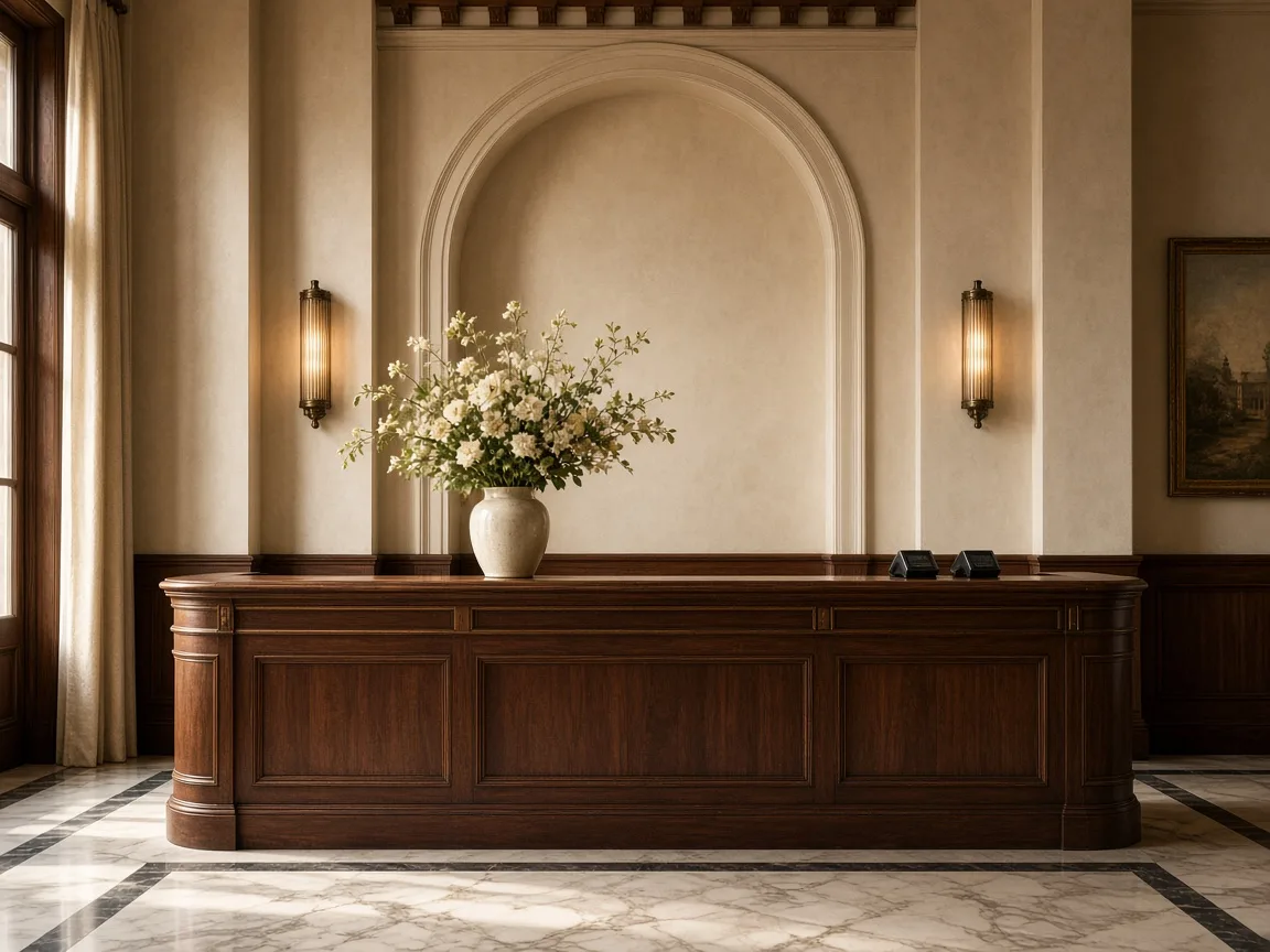 Reception desk in walnut and brass